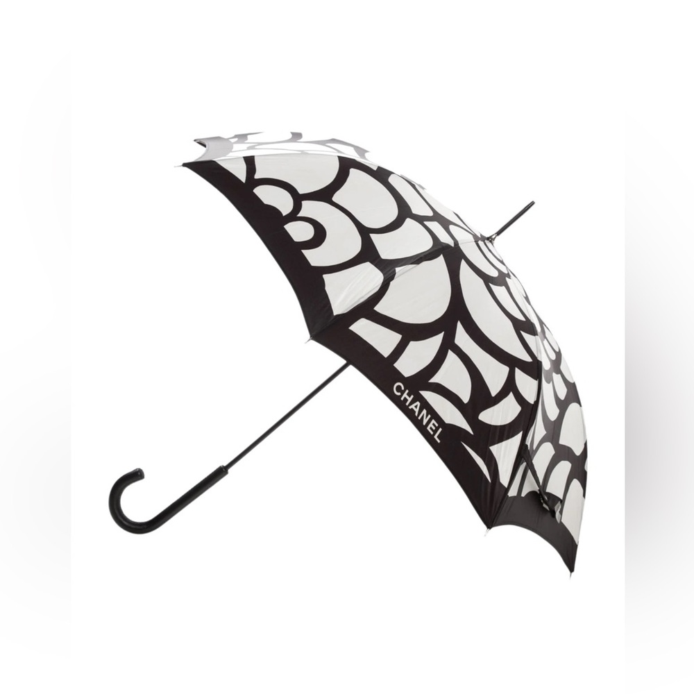 CHANEL CAMELLIA FOLDING UMBRELLA MONOCHROME FLORAL UMBRELLA, WITH COA. RARE ITEM